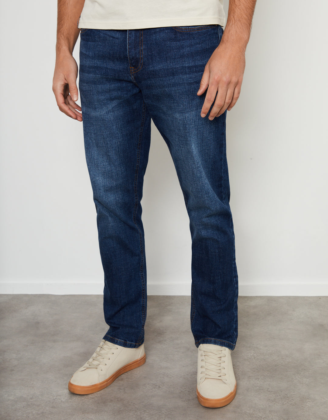 Mid Wash Stretch Heritage Straight Leg Jeans