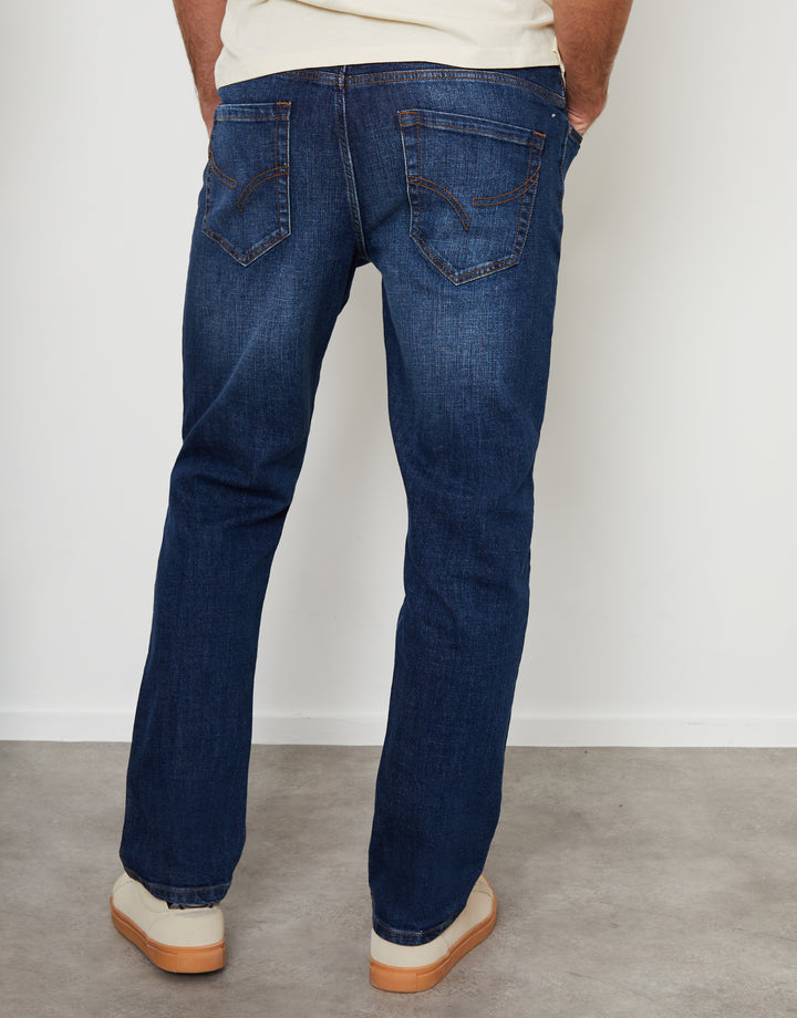 Mid Wash Stretch Heritage Straight Leg Jeans