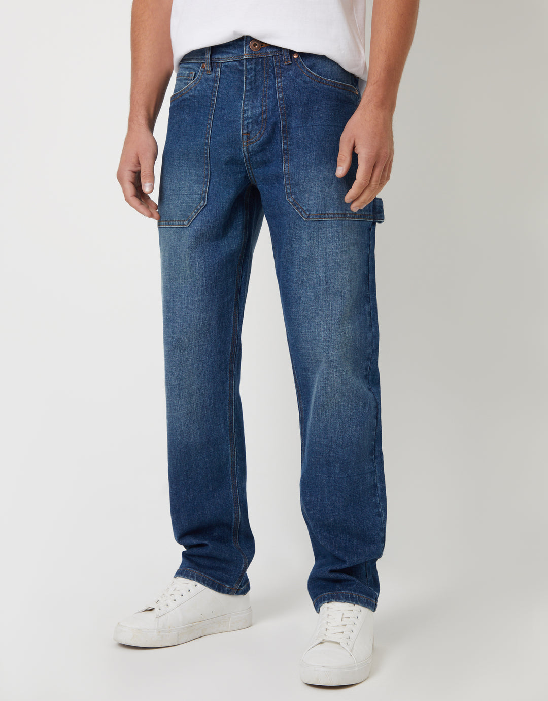 Mid Wash Stretch Straight Leg Carpenter Jeans