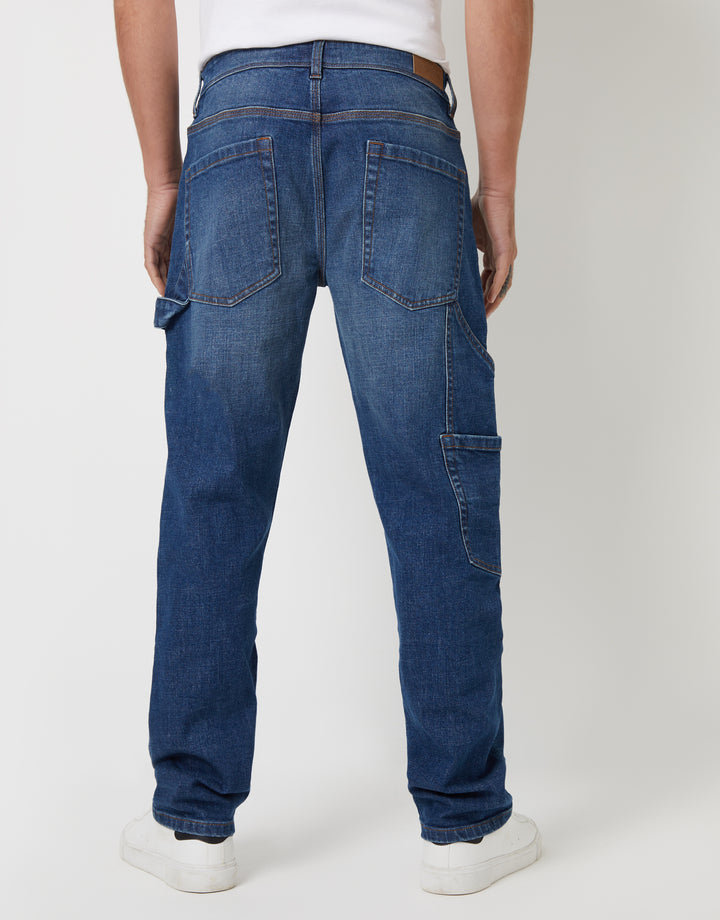 Mid Wash Stretch Straight Leg Carpenter Jeans