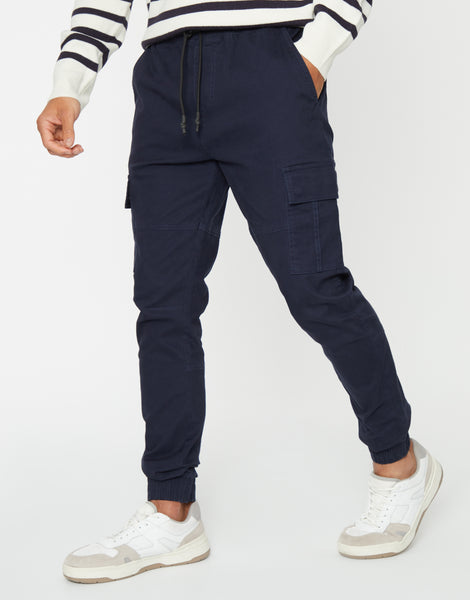 Men's Navy Blue Slim Fit Cuffed Cargo Trousers – Threadbare