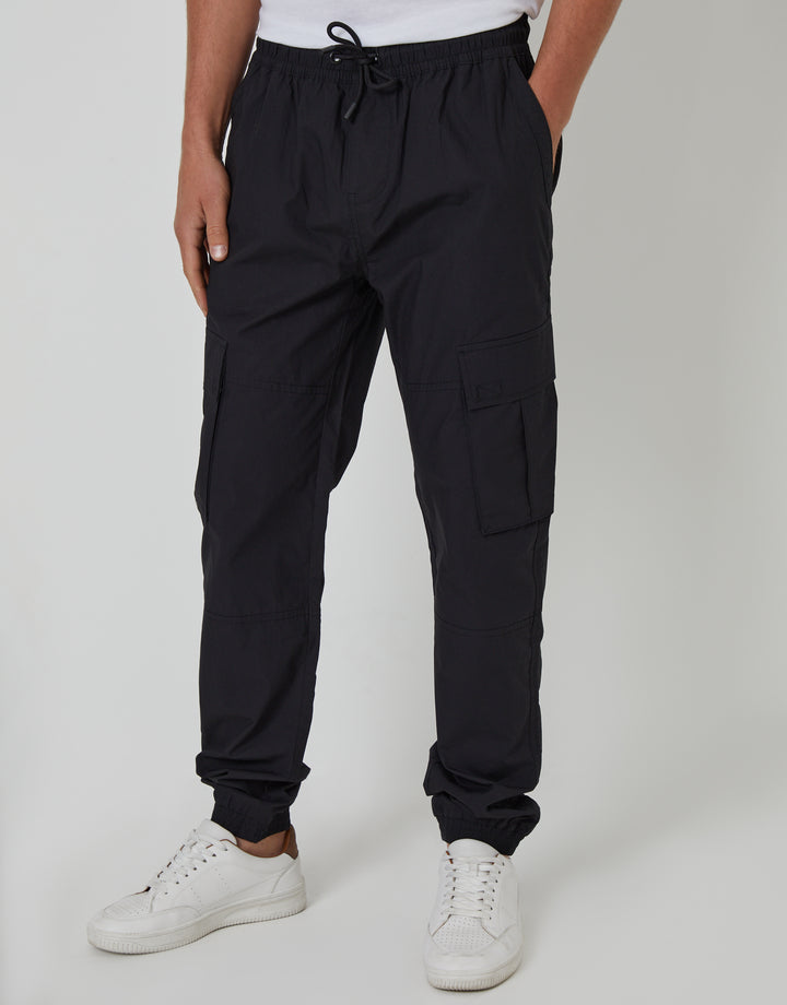Black Elasticated Waist Cargo Trousers