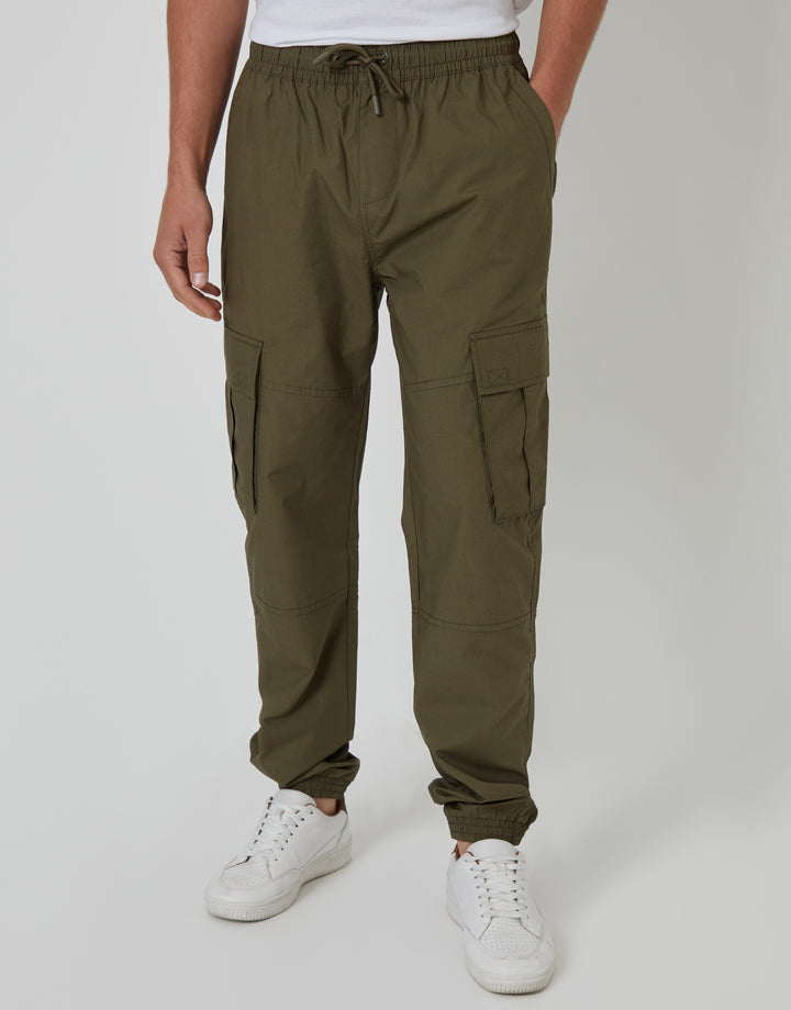 Khaki Green Elasticated Waist Cargo Trousers