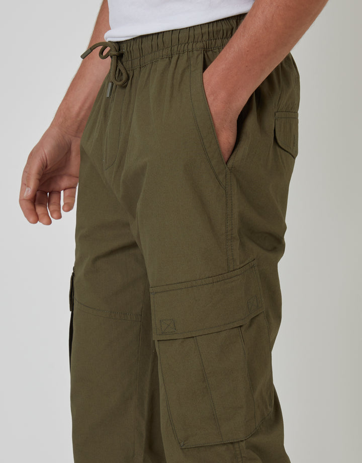 Khaki Green Elasticated Waist Cargo Trousers