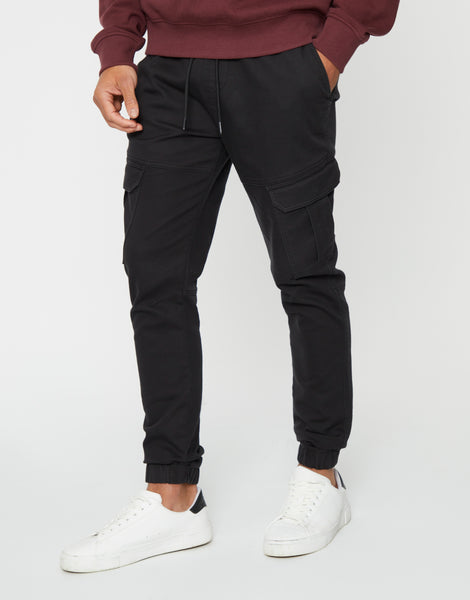 Men's Black Cargo Pocket Jogger Style Pull-On Cuffed Utility Trousers ...
