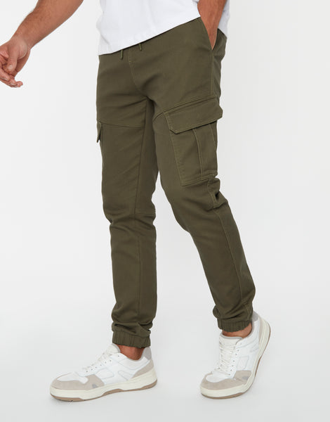 Men's Khaki Cargo Pocket Jogger Style Pull-On Cuffed Utility Trousers ...