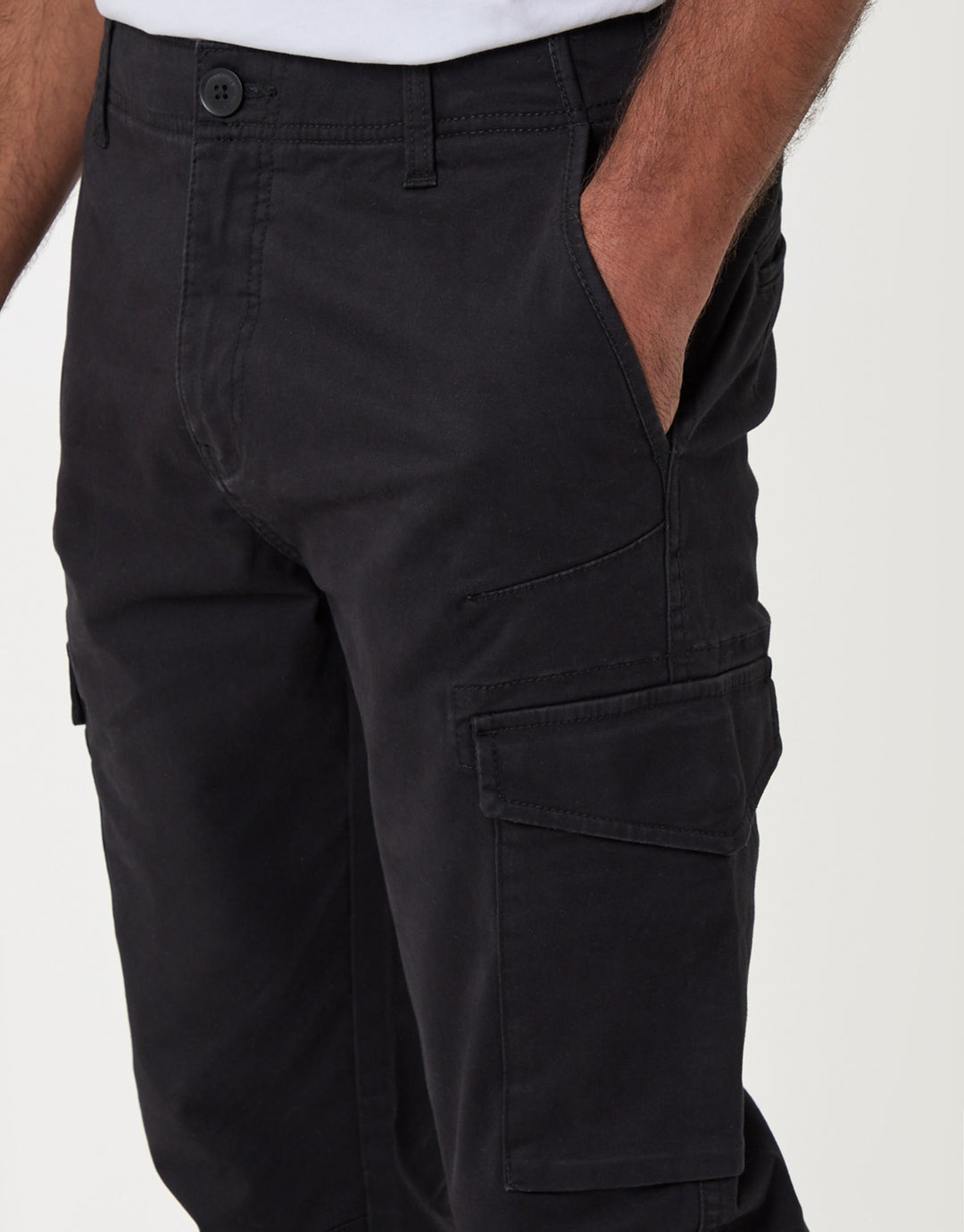 Threadbare Slim Fit Cargo Style Trouser in Black - pocket detail view