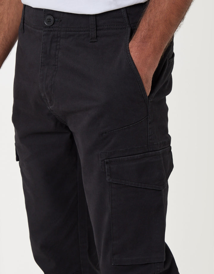 Threadbare Slim Fit Cargo Style Trouser in Black - pocket detail view