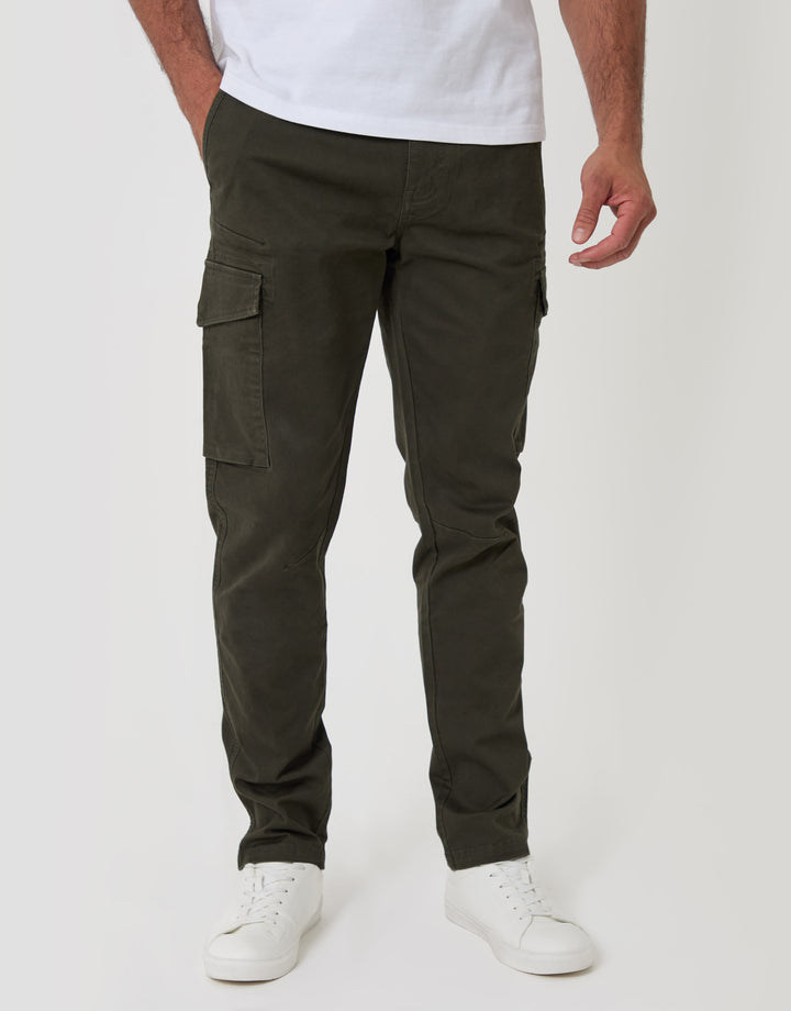 Threadbare Slim Fit Cargo Style Trousers in Forest Green - front view