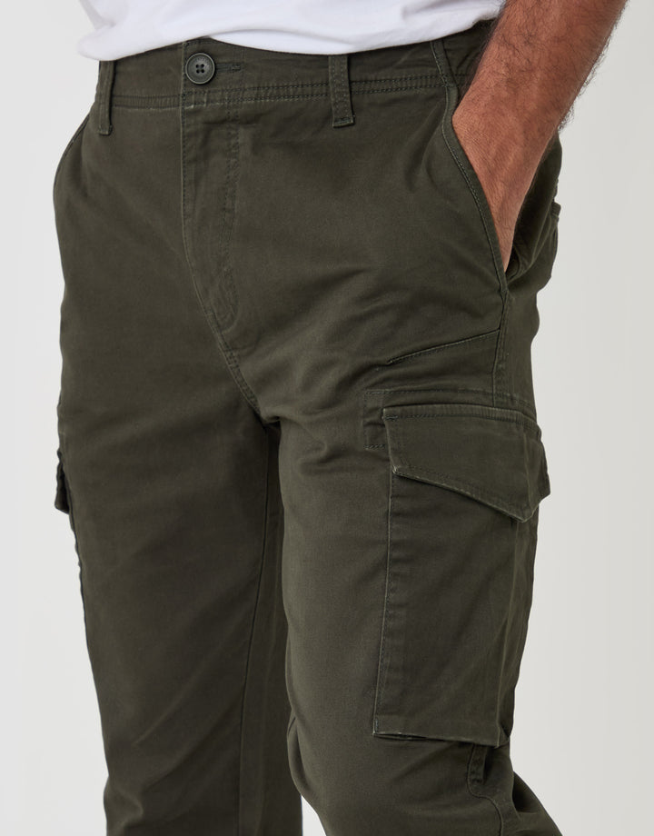 Threadbare Slim Fit Cargo Style Trousers in Forest Green - close up