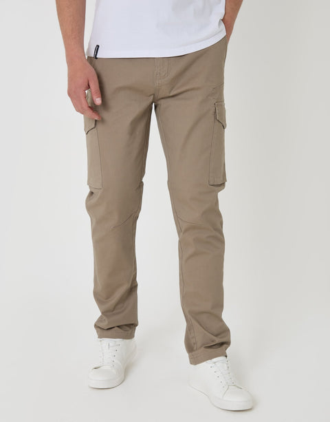 Threadbare Slim Fit Cargo Style Trousers in Taupe - front view