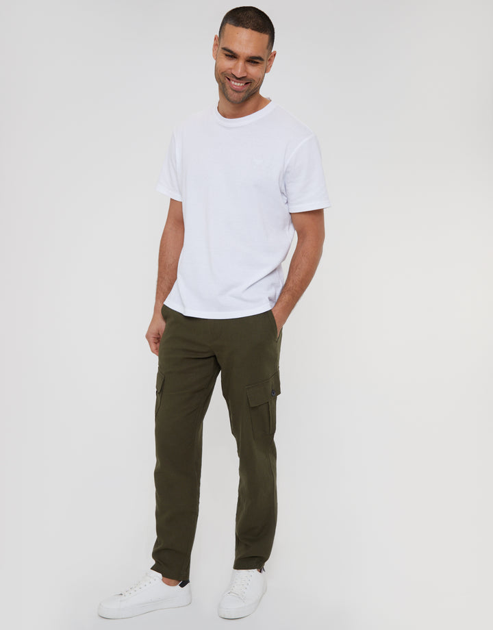 Khaki Green Linen Blend Cargo Trousers