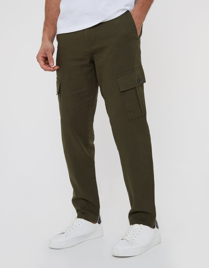 Khaki Green Linen Blend Cargo Trousers