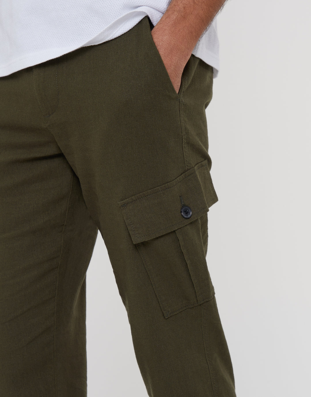 Khaki Green Linen Blend Cargo Trousers