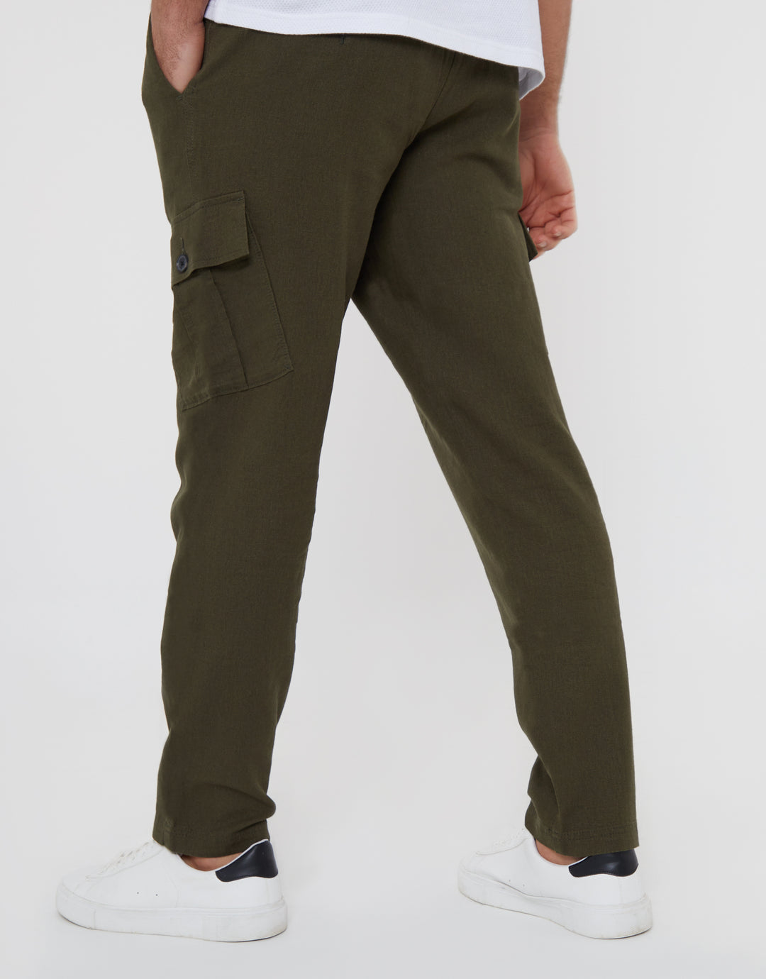 Khaki Green Linen Blend Cargo Trousers