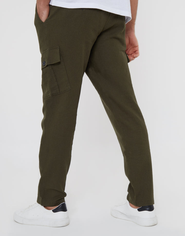 Khaki Green Linen Blend Cargo Trousers