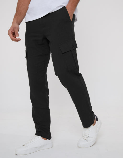 Men's Black Linen Blend Cargo Trousers – Threadbare