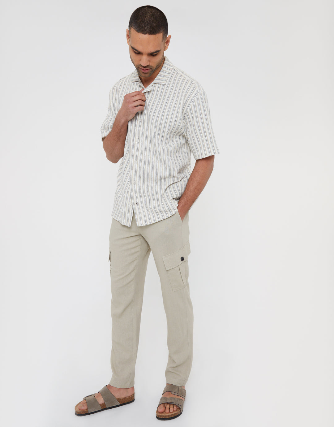 Stone Linen Blend Cargo Trousers