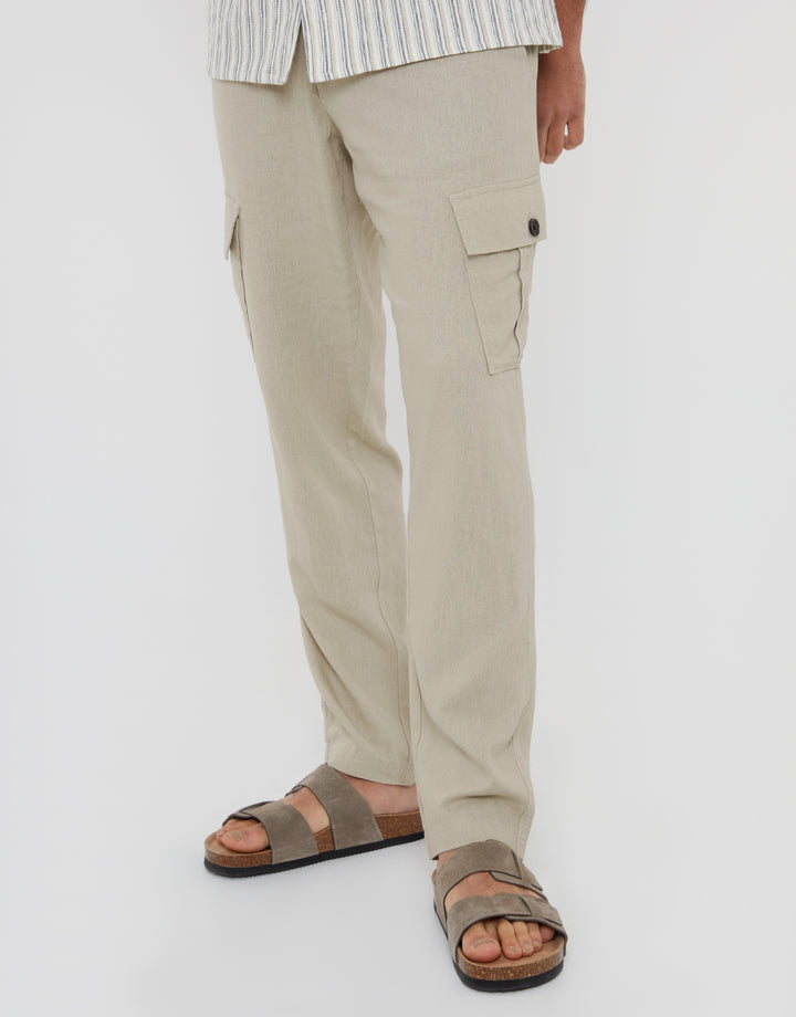 Stone Linen Blend Cargo Trousers