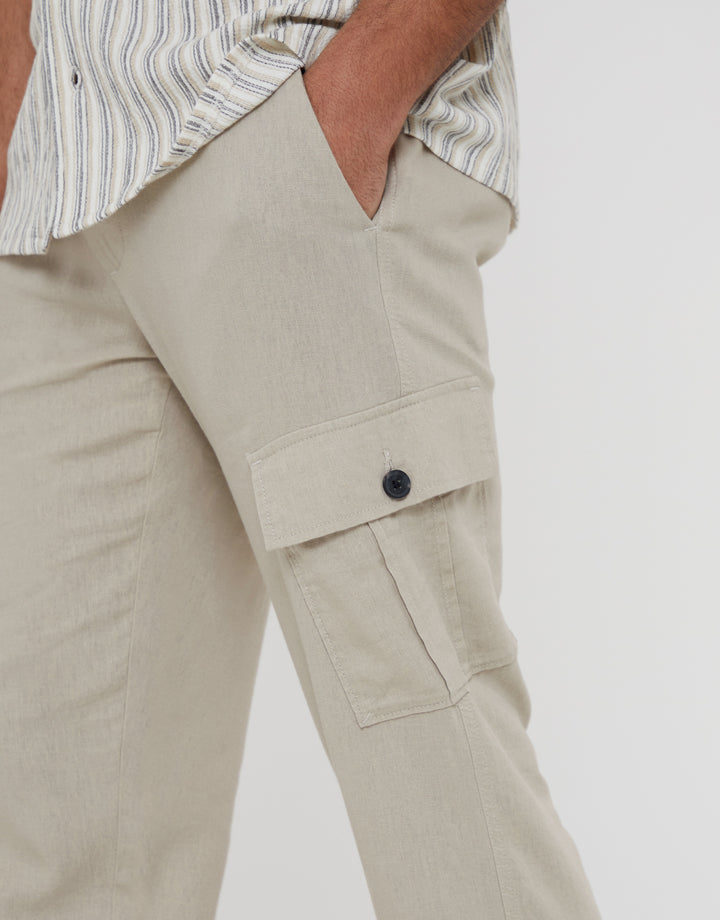 Stone Linen Blend Cargo Trousers