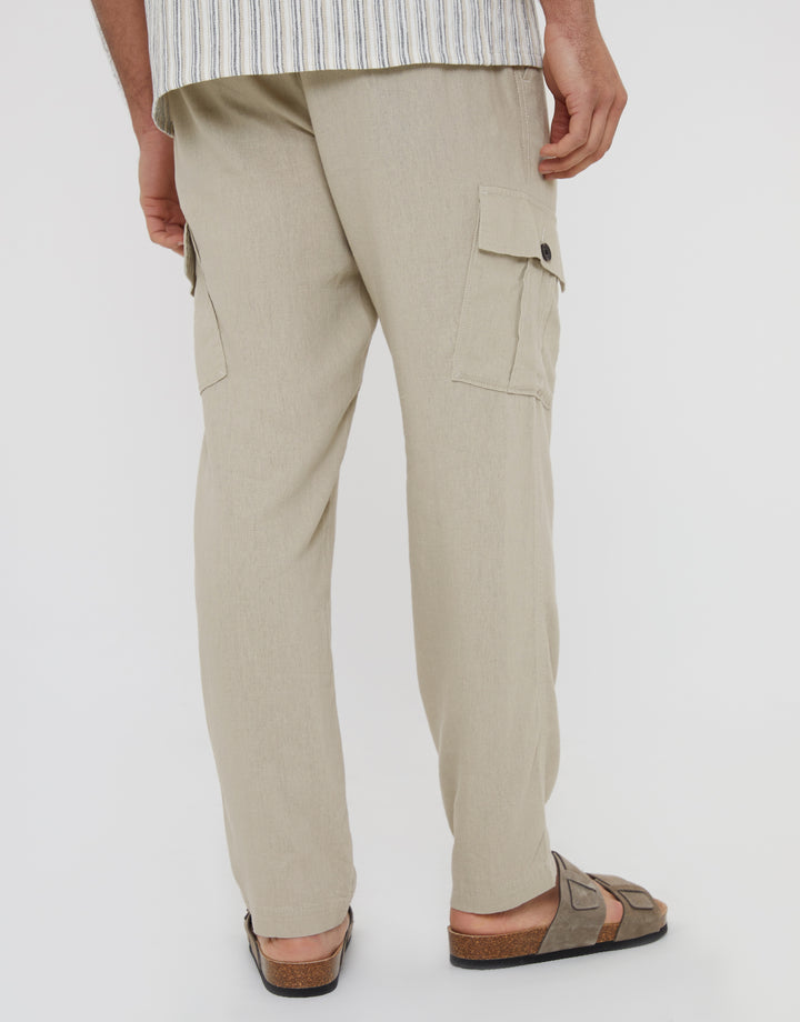 Stone Linen Blend Cargo Trousers