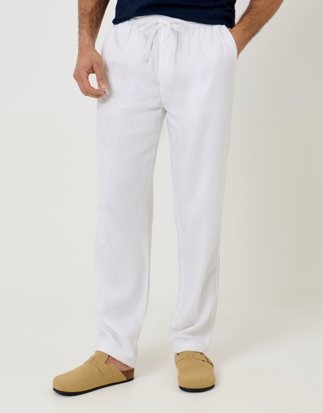 Threadbare Linen Blend Drawcord Trousers in White - front view