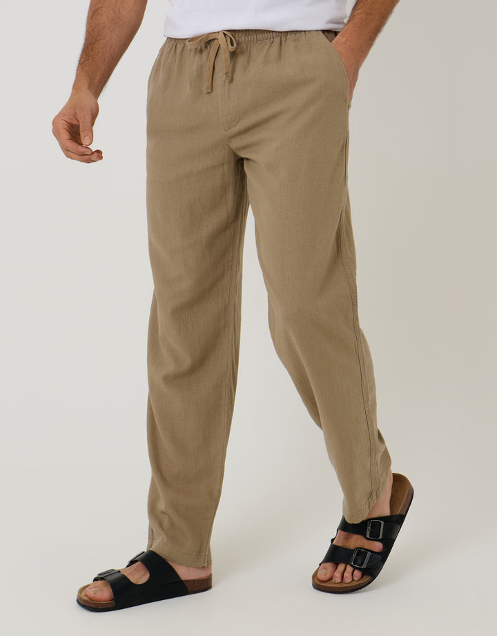 Threadbare Linen Blend Drawcord Trousers in Taupe - front view