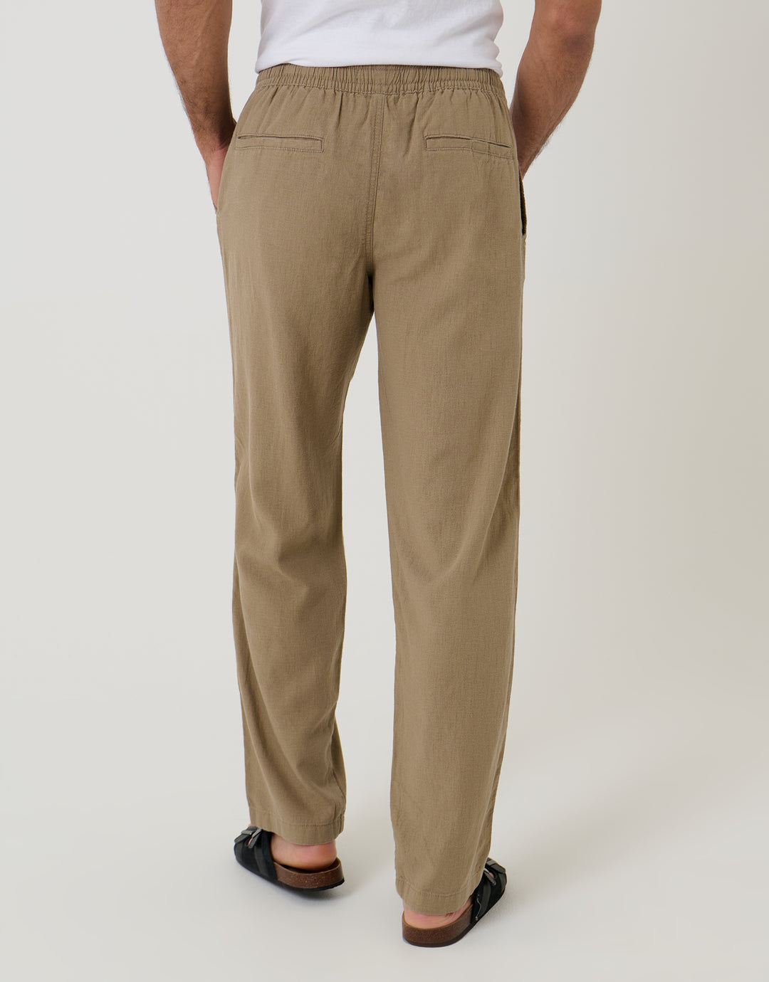 Threadbare Linen Blend Drawcord Trousers in Taupe - back view