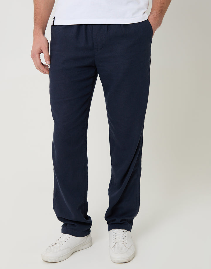 Threadbare Linen Blend Drawcord Trousers in Navy - front view