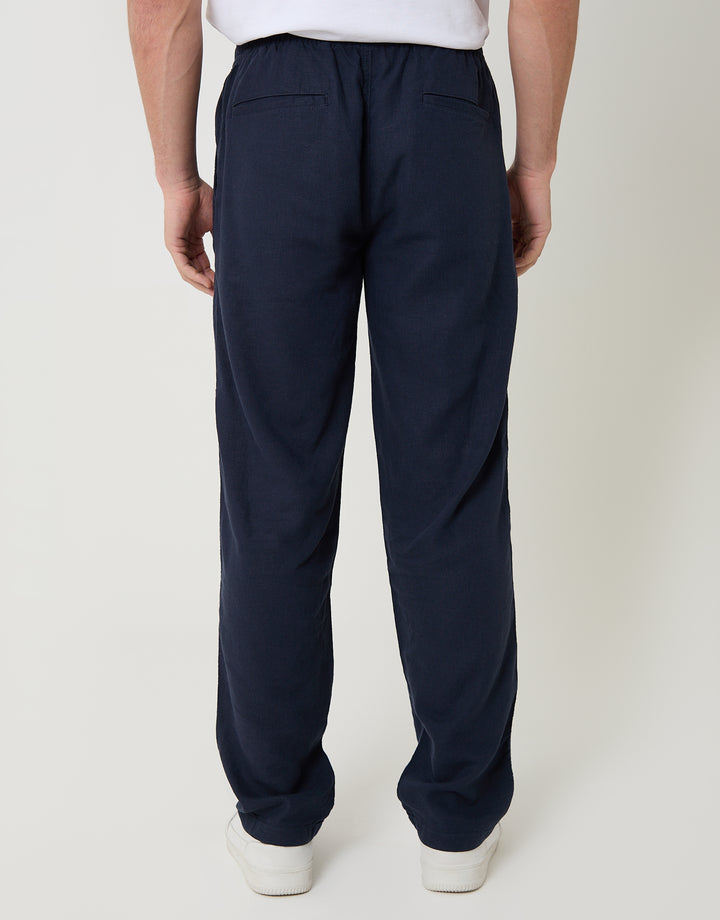Threadbare Linen Blend Drawcord Trousers in Navy - back view
