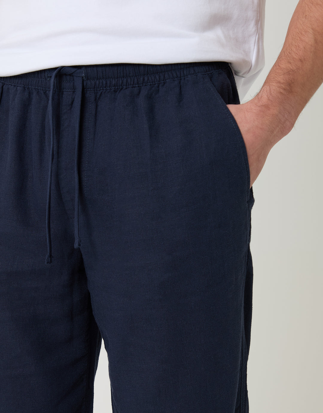 Threadbare Linen Blend Drawcord Trousers in Navy - pockets close up