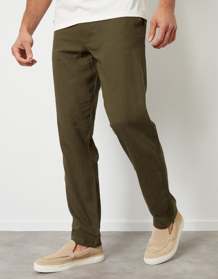 Khaki Green Linen Blend Trousers