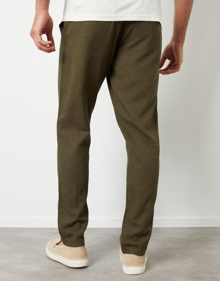 Khaki Green Linen Blend Trousers