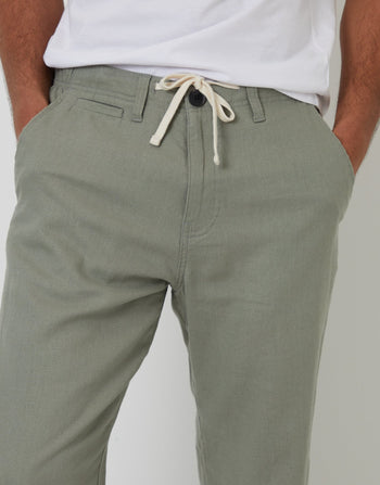 Threadbare Linen Blend Trousers in Sage Green - waistband close up view