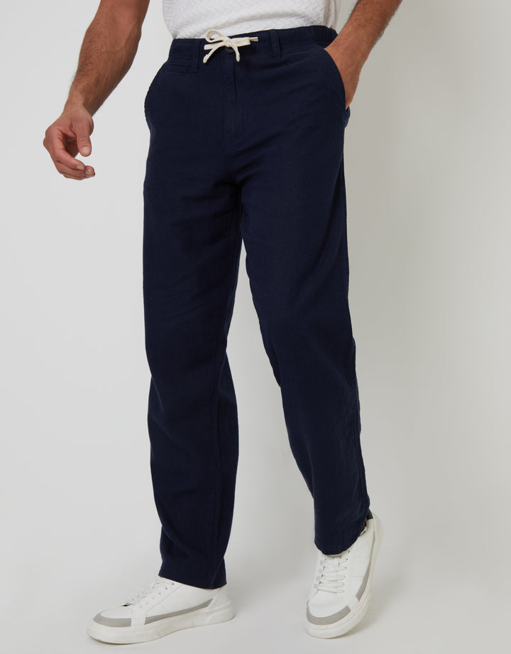 Navy Linen Blend Trousers