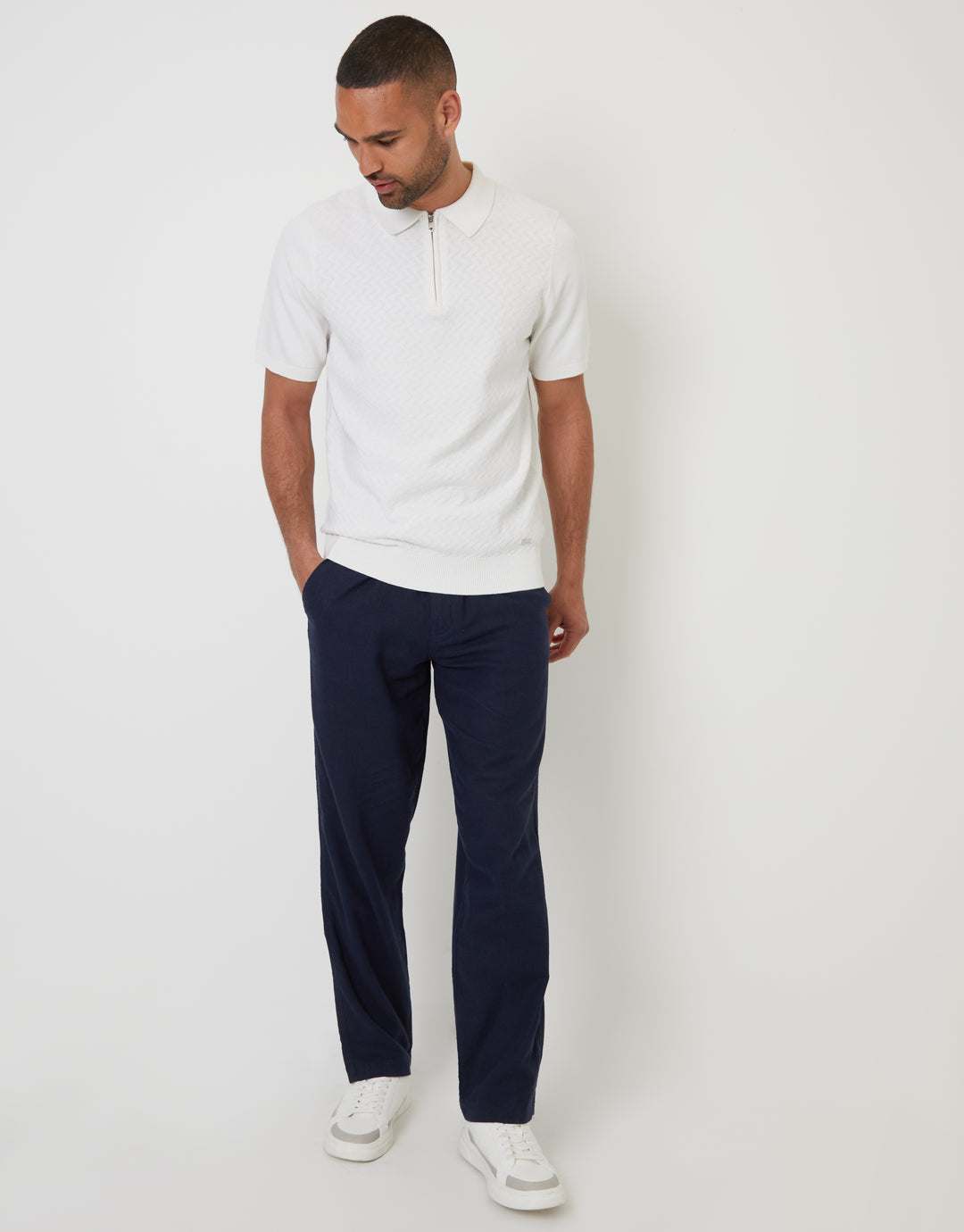 Navy Linen Blend Trousers