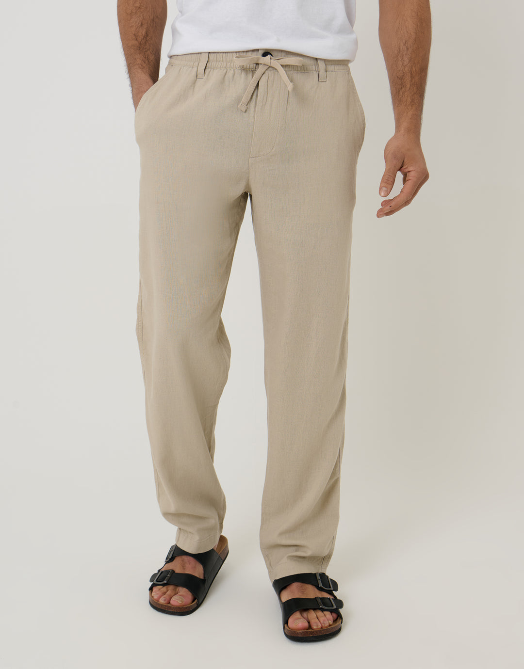 Threadbare Linen Blend Trousers in Stone - front view