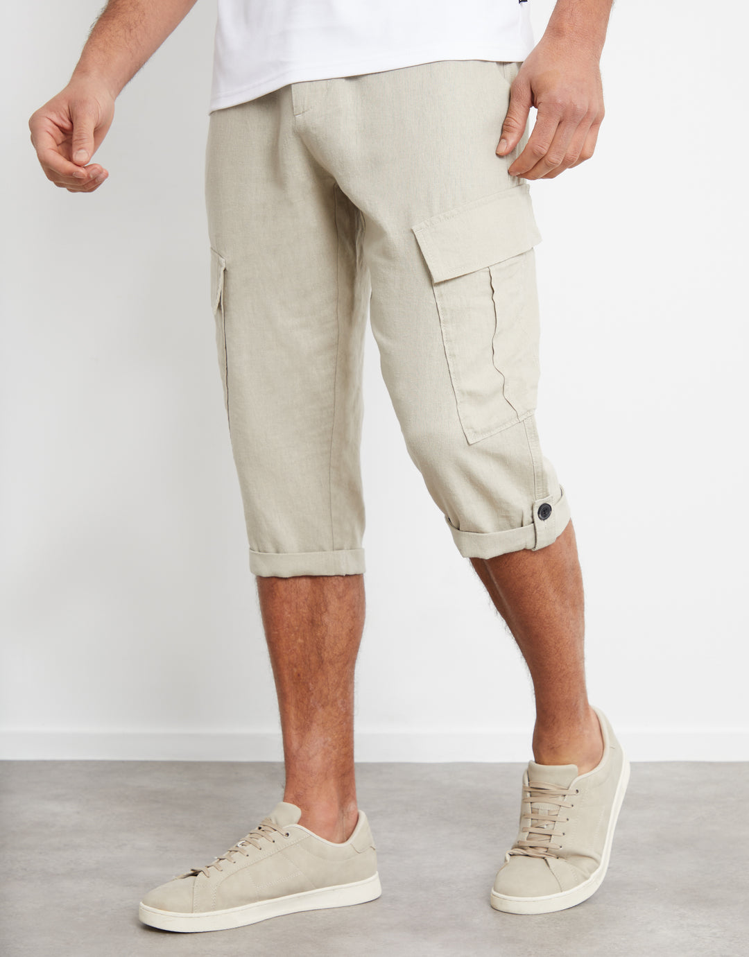 Stone Linen Blend 3/4 Length Cargo Trousers