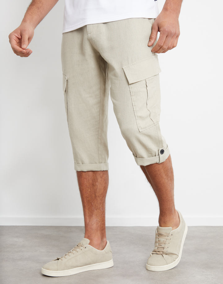 Stone Linen Blend 3/4 Length Cargo Trousers