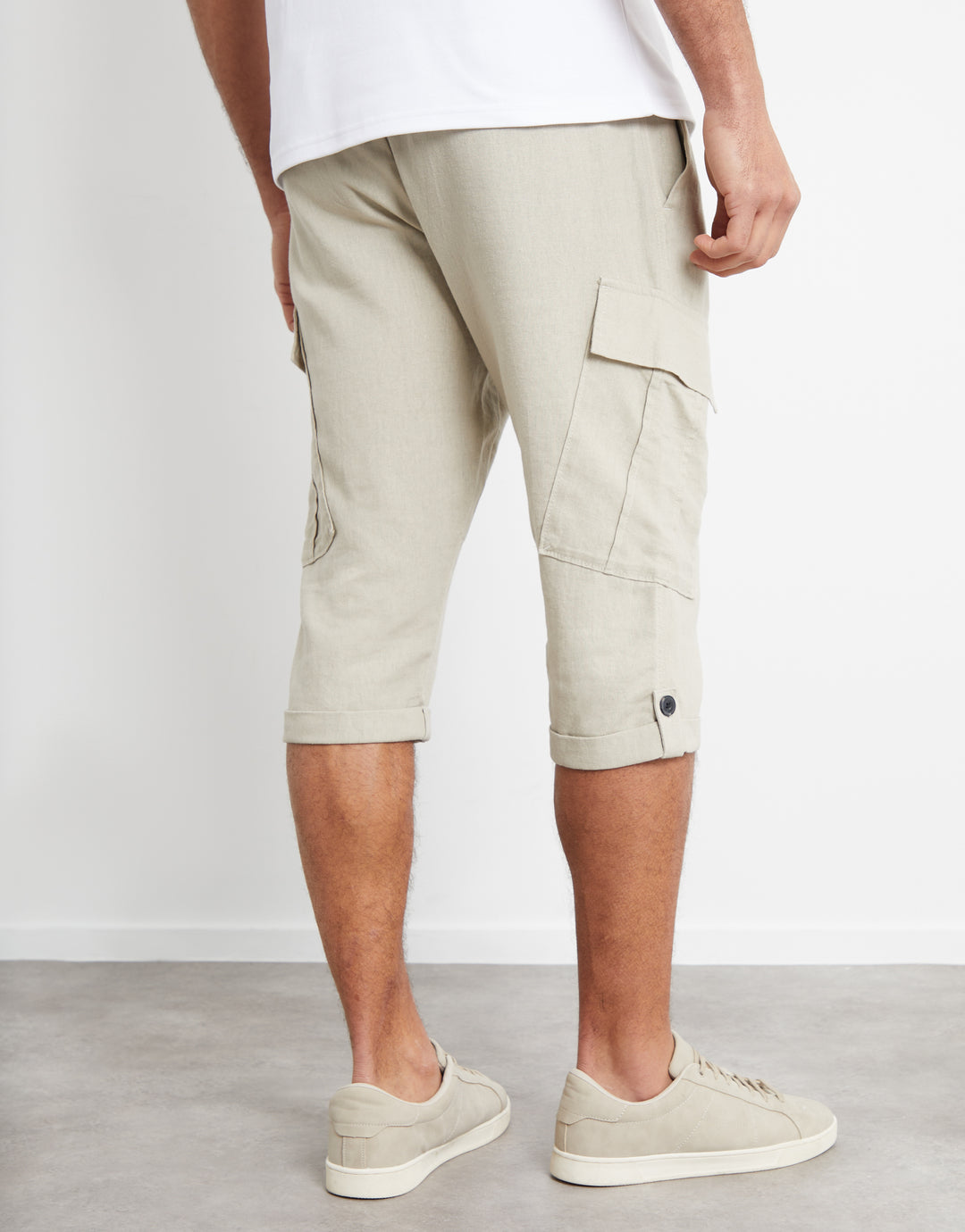 Stone Linen Blend 3/4 Length Cargo Trousers