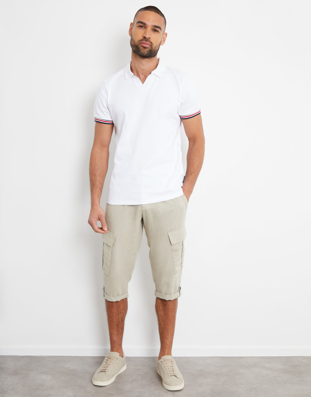 Stone Linen Blend 3/4 Length Cargo Trousers