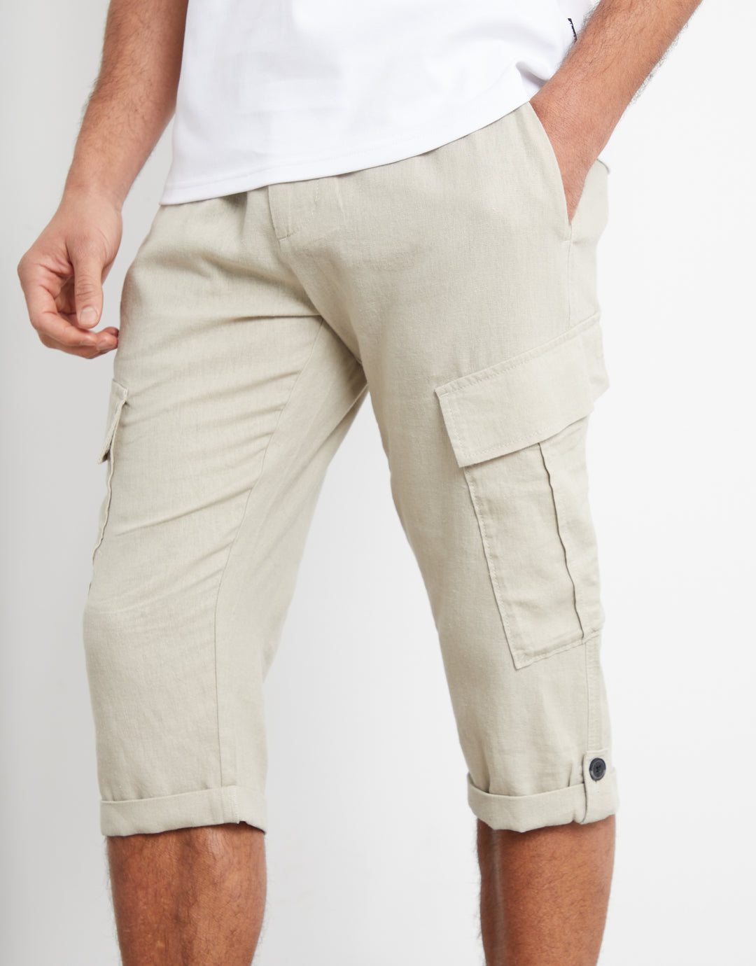Stone Linen Blend 3/4 Length Cargo Trousers