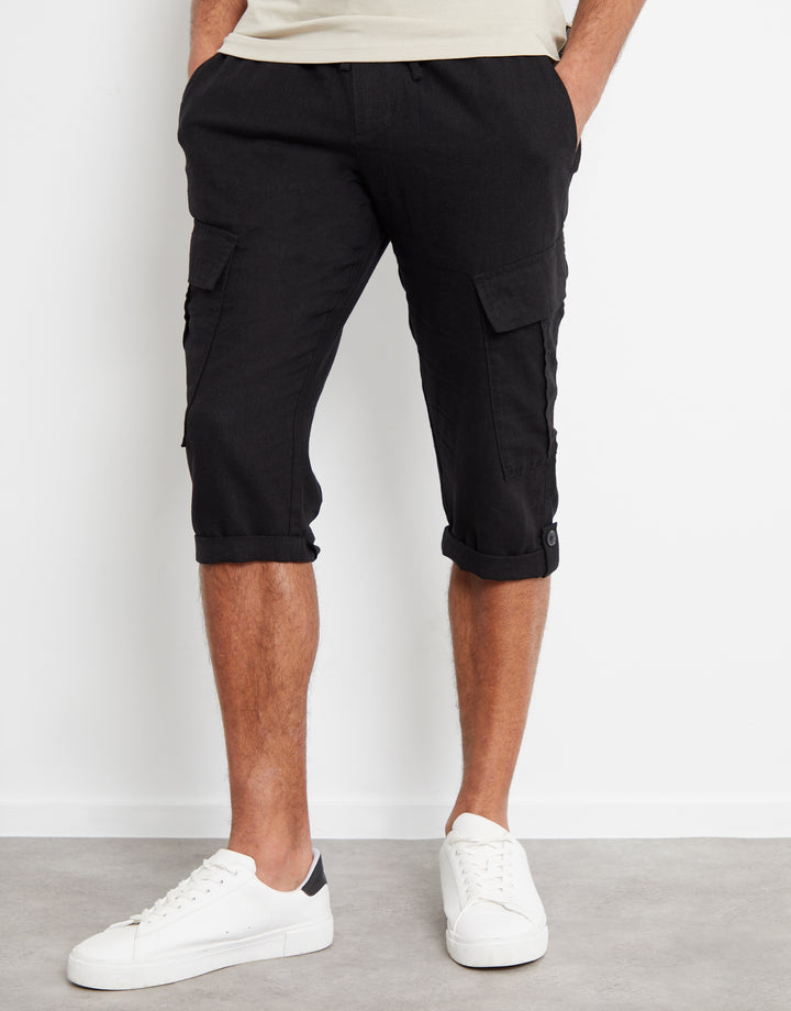 Black Linen Blend 3/4 Length Cargo Trousers
