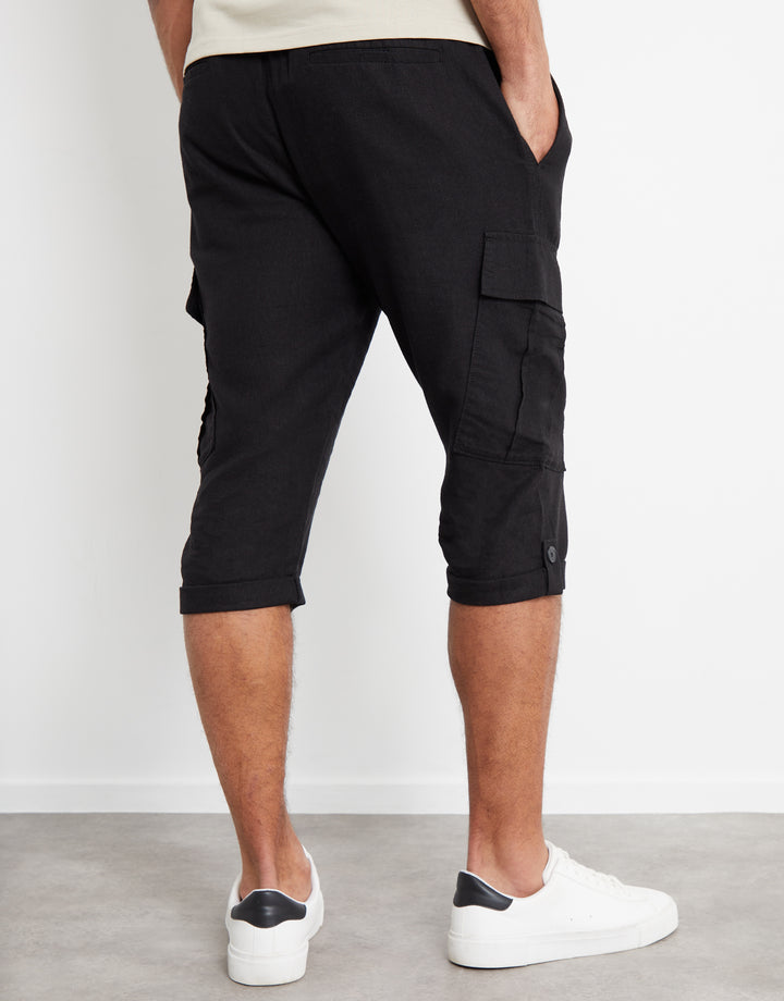 Black Linen Blend 3/4 Length Cargo Trousers