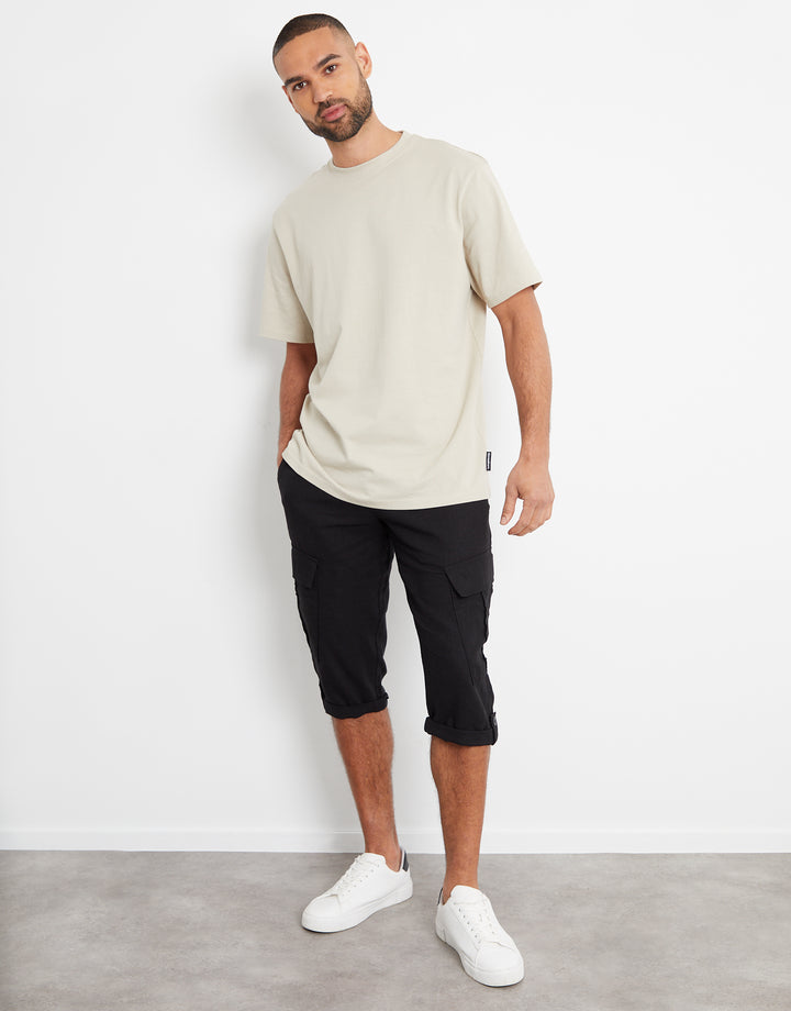 Black Linen Blend 3/4 Length Cargo Trousers