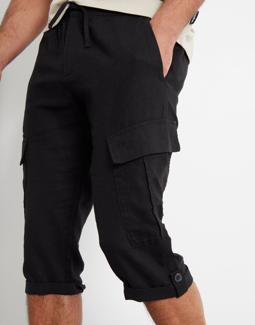 Black Linen Blend 3/4 Length Cargo Trousers