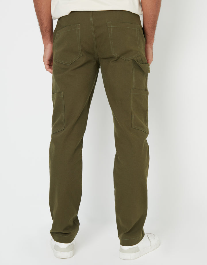 Khaki Green Straight Leg Chino Cargo Trousers
