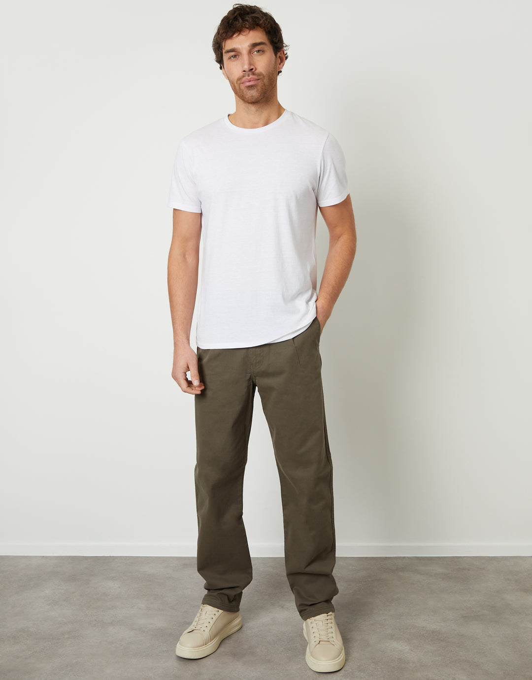 Khaki Green Straight Leg Pleated Chino Trousers