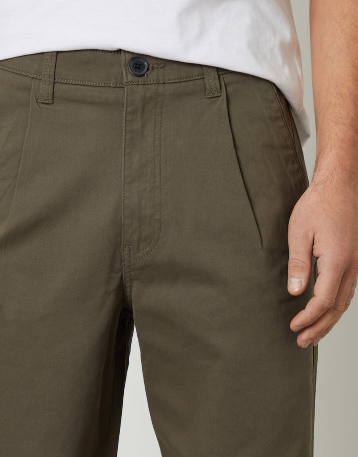 Khaki Green Straight Leg Pleated Chino Trousers