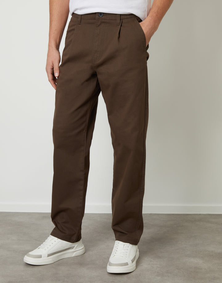 Chocolate Brown Straight Leg Pleated Chino Trousers